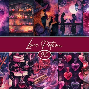 Può includere: Un collage di arte digitale a tema romantico, con nebulose a forma di cuore, bottiglie di pozioni, rose e sagome di coppie. Il testo "Love Potion" è visualizzato in una sceneggiatura elegante, con il numero "92" in un cerchio.