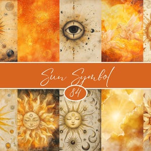 Könnte beinhalten: Eine Sammlung von Aquarellillustrationen mit Sonnensymbolen in Gelb-, Orange- und Goldtönen. Die Kunstwerke beinhalten Himmelselemente wie Monde, Sterne und ein Augensymbol. Der Text "Sun Symbol" und die Zahl "84" sind ebenfalls vorhanden.