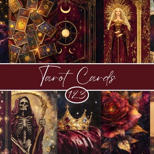 May include: A collection of tarot cards with a burgundy theme. The image features various cards with celestial and mystical designs, including a skeleton, a crown, and a rose. The words "Tarot Cards" are written across the image.