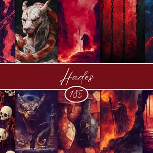 Puede incluir: Una colección de grabados de arte fantástico que representan escenas del Hades. Las imágenes muestran una variedad de escenas oscuras y dramáticas, incluyendo una mano esquelética con cadenas, una criatura demoníaca y figuras en un inframundo de fuego. La palabra "Hades" está escrita en el centro.