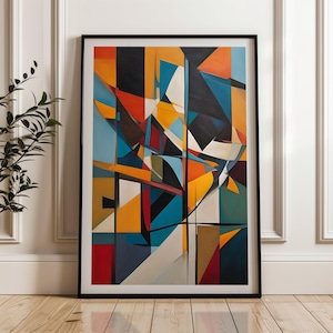 Op de afbeelding: Abstract geometrisch schilderij met een mix van felle kleuren, waaronder geel, oranje, rood, blauw en zwart. Het schilderij is ingelijst in een zwarte lijst.