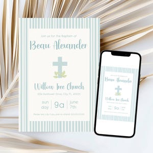 Elegante biglietto d'invito per battesimo in azzurro pastello / Annuncio di battesimo personalizzabile
