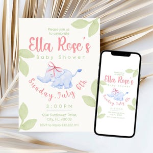 Uroczy Baby Elephant Digital Shower Invitation | Dostosowywalny szablon do wydruku