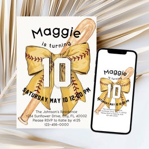 Modelo de convite para festa de aniversário de softball personalizável | Download digital para meninas