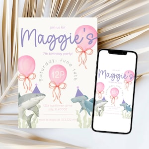 Pink Shark Girl Birthday Party Invitation Template | Digital Download for Ocean Theme Celebration