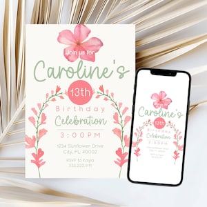 Invito per festa di compleanno floreale vibrante / Biglietto digitale stampabile personalizzabile