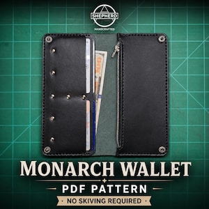 May include: Black leather Monarch wallet with a zipper closure and snap closures. The wallet is open, revealing a section for cards and cash. The text "MONARCH WALLET" and "PDF PATTERN" are displayed.