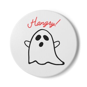 Hangry Ghost Ceramic Coaster in White Cute Spooky Gift Goth kitchen Funny Smart Coaster Halloween Vibe