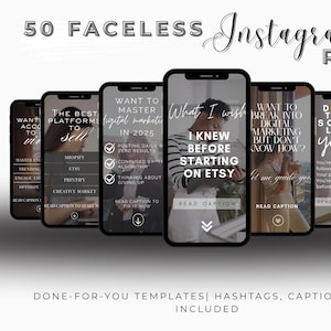 Puede incluir: Una colección de 50 plantillas de carretes de Instagram para vendedores de Etsy. Las plantillas presentan una variedad de temas, que incluyen marketing, branding y consejos de Etsy. El texto en las plantillas incluye frases como "¿Quieres dominar el marketing digital en 2025?" y "Lo que desearía haber sabido antes de empezar en Etsy."