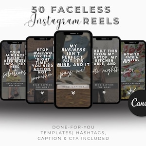 Puede incluir: Siete smartphones que muestran plantillas de Reels de Instagram. Cada pantalla presenta un diseño único con superposiciones de texto, incluyendo frases como "Tu audiencia no necesita más información. Necesitan soluciones" y "Mi negocio no es perfecto, pero es mío".