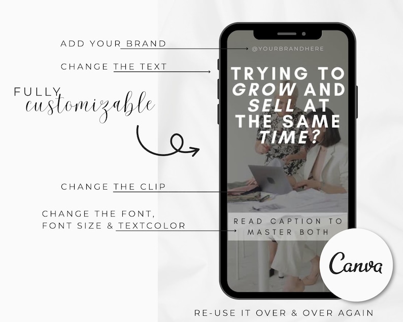 May include: A phone screen displaying a Canva design template with the text "Trying to grow and sell at the same time?" and a caption that reads "Read caption to master both". The design features two people working on a laptop. The template is fully customizable, allowing users to add their brand, change the text, font, font size, and text color, and change the clip.