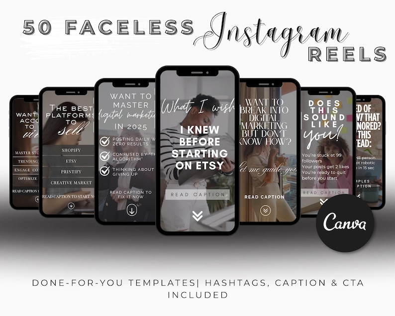 50 Faceless Instagram Reels Canva Templates for digital product sellers, Etsy shops, faceless creators, and online coaches. Done-for-you reels content with captions, hashtags, CTAs. Perfect for growing engagement, selling digital products, and starting faceless businesses.