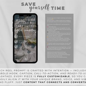 May include: A phone screen displaying a digital marketing tip sheet with the text "What I'd Do If I Had To Start Over In Digital Marketing". The tip sheet lists three tips: "Pick 1 Niche", "Start Building In Public", and "Focus On Trust, Not Trends". The text "Save Yourself Time" is displayed at the top of the image.