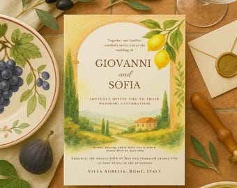 Può includere: Un invito di nozze con un'illustrazione ad acquerello di un paesaggio toscano. L'invito presenta un albero di limoni, una casa e un sentiero che conduce alla casa. Il testo sull'invito recita: "Insieme, le nostre famiglie vi invitano cordialmente al matrimonio di Giovanni e Sofia. Vi invitiamo con gioia alla loro celebrazione di nozze. Cena, balli e la dolce vita a seguire. Si prega di rispondere entro il 10 aprile. Sabato 25 maggio 2025 alle 16:30. Villa Aurelia, Roma, Italia."