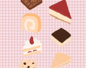 Pastelowe naklejki na ciasto, cyfrowo narysowana sztuka jedzenia (plik PDF A4)