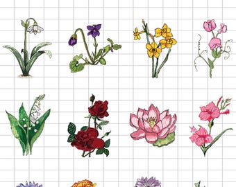Naklejki z kwiatami do druku: Cyfrowo rysowana sztuka kwiatowa (PDF)