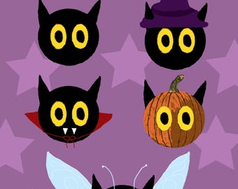 Naklejki do druku z motywem czarnych kotów na Halloween: rysowane cyfrowo (PDF)