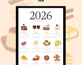 Kalendarz tortowy do druku na rok 2026 / Kalendarz jednostronicowy / Rozmiar pliku A4 w formacie PDF i PNG