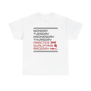 Camiseta unisex con el calendario semanal de carreras de Fórmula 1, regalo para aficionados a las carreras, camiseta de coche, F1, regalo de Fórmula 1, merchandising de F1