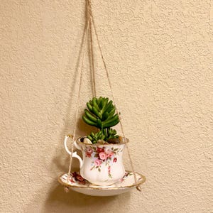Hanging Teacup Planter with Jute | Vintage Floral Cup & Saucer Decor
