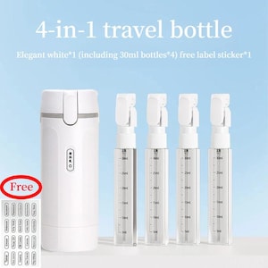 Puede incluir: Un juego de botellas de viaje blancas 4 en 1. El juego incluye una botella grande y cuatro botellas de 30 ml. Las botellas tienen marcas de medición. La imagen también incluye una pegatina gratuita. El texto dice "4-en-1 travel bottle".