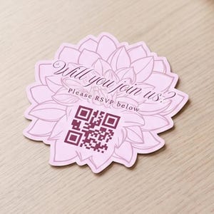 Plantilla de tarjeta RSVP troquelada Dahlia para Cricut y Silhouette / Imprime y corta / RSVP de boda con código QR