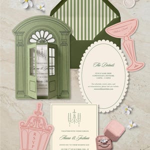 May include: Wedding stationery set with a green door design, a striped envelope, and a pink champagne glass. Includes invitation cards with text, RSVP card, and ring boxes. White flowers and a marble background.