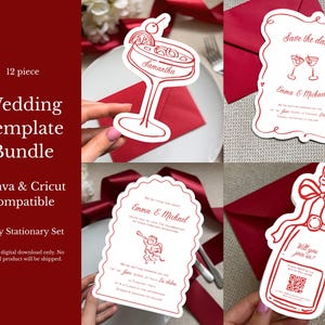 Puede incluir: Un paquete de plantillas de boda con un diseño rojo y blanco. La imagen muestra varias tarjetas de invitación, incluyendo un cóctel, una botella de champán y tarjetas de guardar la fecha. El texto en las tarjetas incluye nombres y detalles de la boda.