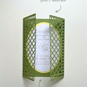 May include: A sage green bifold wedding invitation jacket with a laser-cut lattice pattern. Inside is an oval white card with yellow trim, featuring black text: You're invited to the wedding of Kaitlin Macdonald and David Johnson, 24th September 202X.