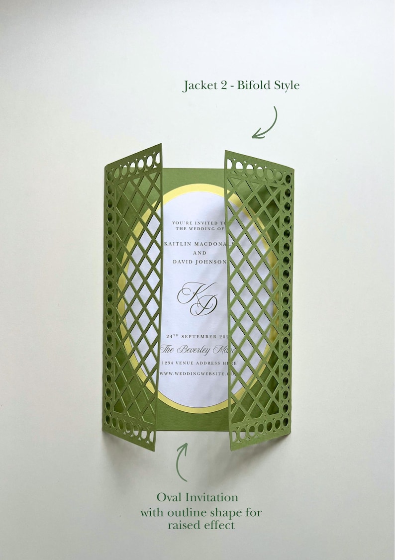 May include: A sage green bifold wedding invitation jacket with a laser-cut lattice pattern. Inside is an oval white card with yellow trim, featuring black text: You're invited to the wedding of Kaitlin Macdonald and David Johnson, 24th September 202X.