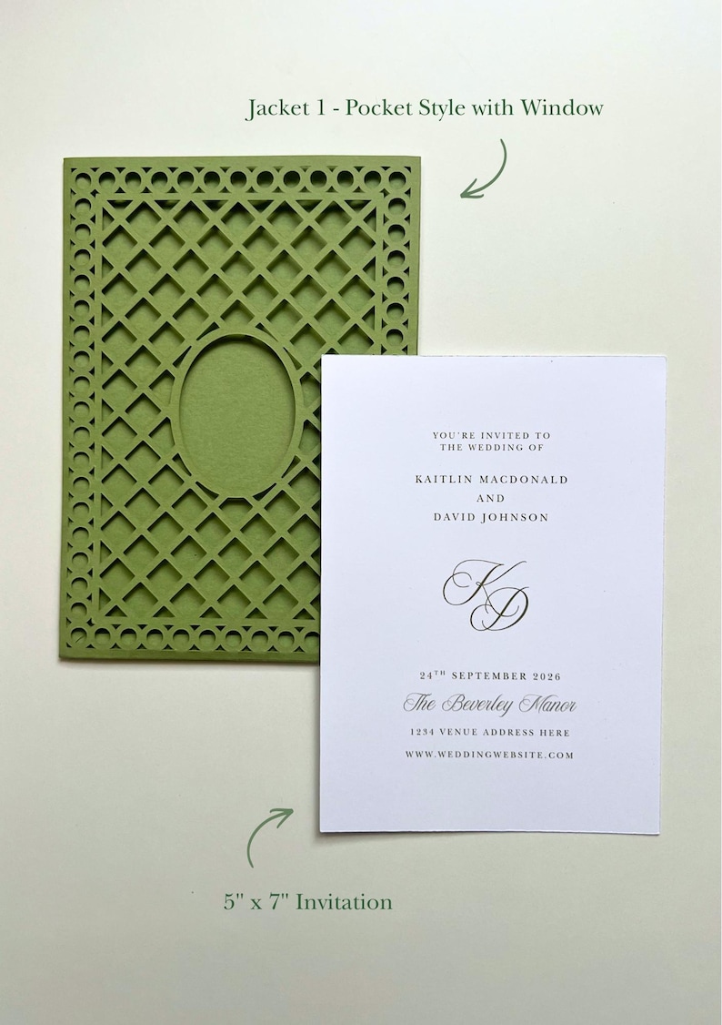 May include: A sage green laser-cut pocket jacket with a central oval window and a white 5" x 7" invitation card. The card features black text: You're invited to the wedding of Kaitlin Macdonald and David Johnson, with a KD monogram and date.