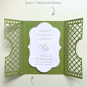 May include: A sage green bifold jacket with a laser-cut lattice pattern and a central window, holding a white scalloped-edge invitation card. The text reads: You're invited to the wedding of Kaitlin Macdonald and David Johnson, 24th September 2026.