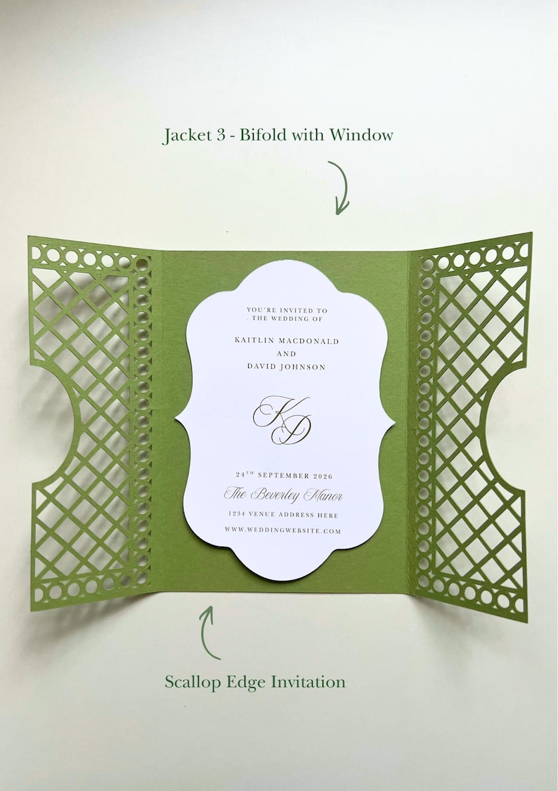 May include: A sage green bifold jacket with a laser-cut lattice pattern and a central window, holding a white scalloped-edge invitation card. The text reads: You're invited to the wedding of Kaitlin Macdonald and David Johnson, 24th September 2026.