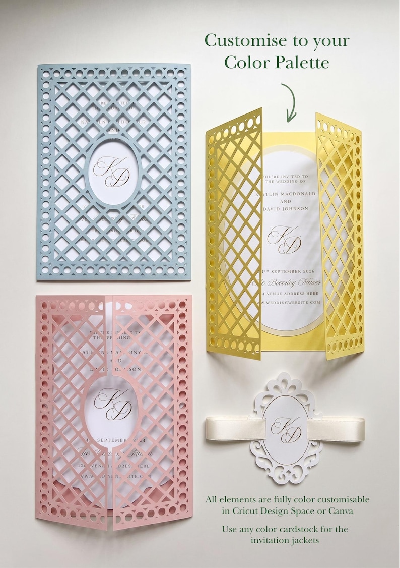 May include: Three laser-cut wedding invitation jackets in light blue, yellow, and pink with a lattice pattern and oval center cutout. A white oval tag with a ribbon and the monogram KD is included. Text reads: Customise to your Color Palette.