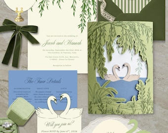 Può includere: Invito di nozze a tema cigno. Include biglietti d'invito, biglietto RSVP, menu e numero del tavolo. La tavolozza dei colori è verde, bianco e blu. L'invito presenta un design ritagliato di cigni su un lago.