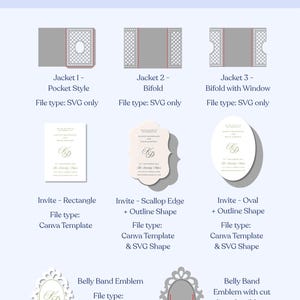 May include: A digital bundle containing three invitation jacket SVG files, three invitation card Canva templates in rectangle, scallop, and oval shapes, and two belly band emblem designs with SVG and Canva options, all labeled with file types.