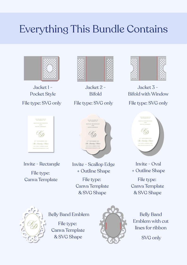 May include: A digital bundle containing three invitation jacket SVG files, three invitation card Canva templates in rectangle, scallop, and oval shapes, and two belly band emblem designs with SVG and Canva options, all labeled with file types.