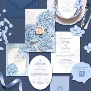 Blue Hydrangea Wedding Invitation Suite Template | SVG + Canva Templates | Cricut & Silhouette Print Then Cut Ready | Instant Download