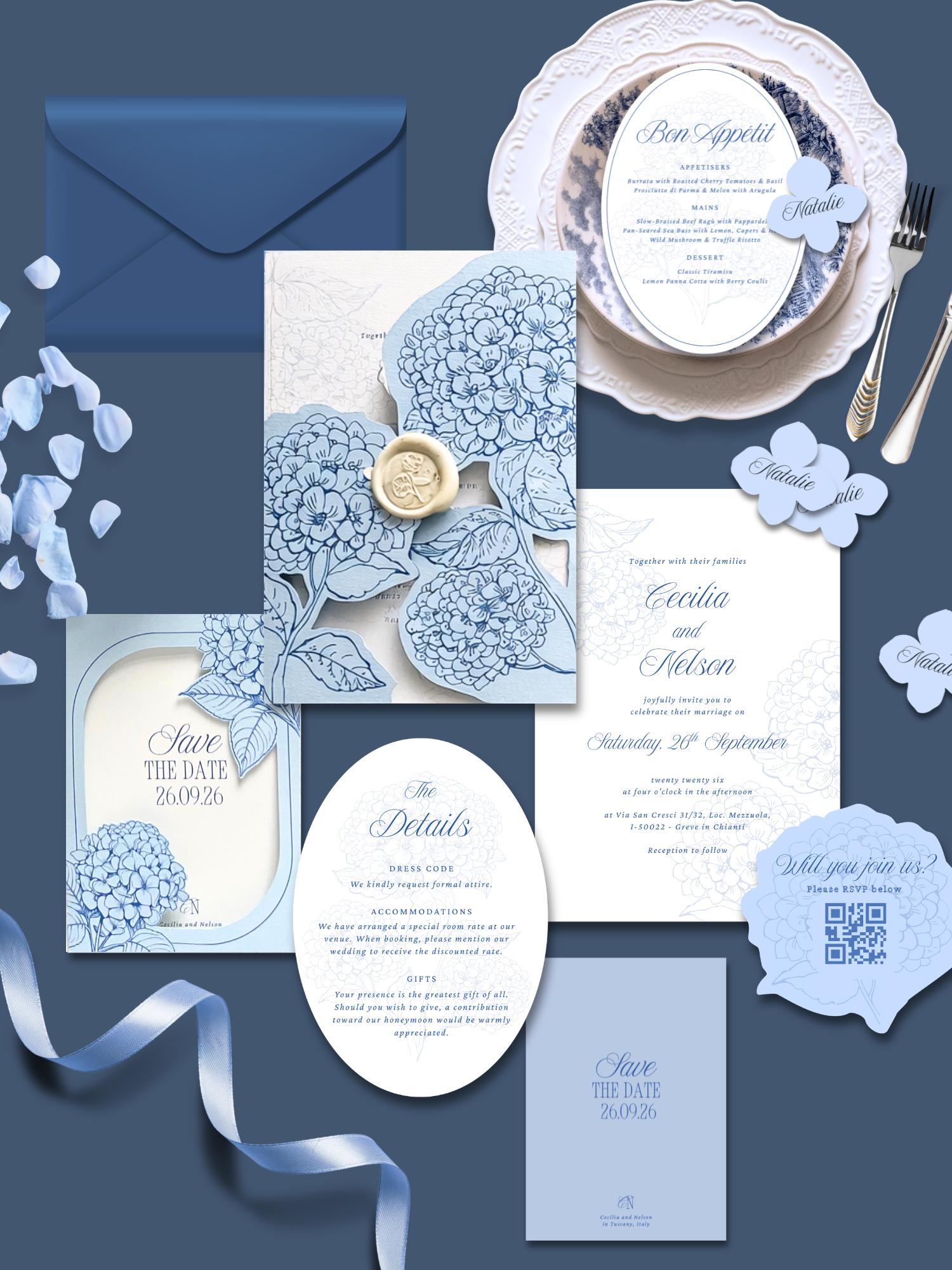 Blue Hydrangea Wedding Invitation Suite Template | SVG + Canva