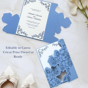 Blaue Barocke Hochzeitseinladung & Jacke Vorlage | Cricut Drucken dann schneiden | Bearbeitbar in Canva | Formelle DIY | Sofort Download