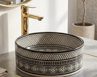 Moroccan Black  Inspired Vessel Sink - Hand-Painted Geometric