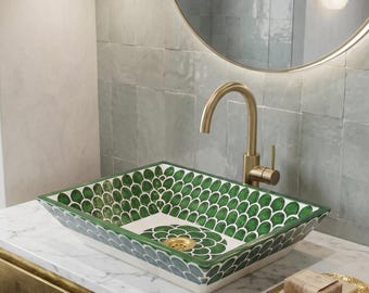 Zielona ceramiczna umywalka – centralny element łazienkowej toaletki