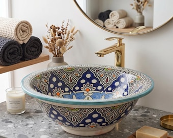 Round Ceramic Sink for Bathroom Vanity Handmade Durable Basin