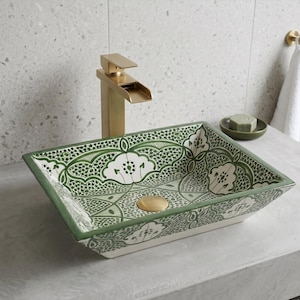 Rectangular Vessel Sink with Vibrant Green Edge & Intricate Moroccan Pattern