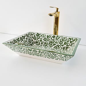 Grünes keramisches Waschbecken, gemaltes keramisches Becken, Tongefäß-Waschbecken, einzigartiges Badezimmer-keramisches Waschbecken, freier Versand + Geschenk