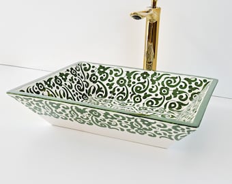 Hand-Painted Moroccan Ceramic Vessel Sink, Green Floral Pottery Basin