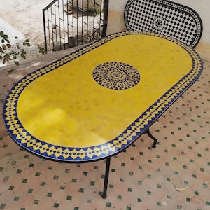 Moroccan Oval Zellige Mosaic Table, Outdoor Patio Table with Iron Base