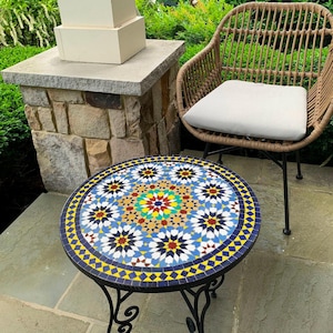 Round  Mosaic Table ,Moroccan Handmade Table , outdoor table, Zellige table, handcrafted table, mosaic tile table.