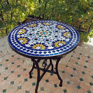 Moroccan Handmade Table , outdoor table, round table, zellige table, handcrafted table, mosaic tile table.