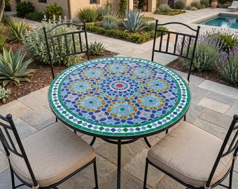 Op de afbeelding: Een ronde tuintafel met een mozaïekblad in blauw, groen en oranje. Vier zwarte metalen stoelen met beige kussens staan eromheen. De tafel heeft een diameter van ongeveer 90 cm. De setting is een terras met een zwembad.